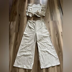 Linen Cream Crop Top & Cropped Pants Set